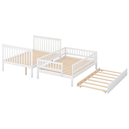 White Full Size Wooden Bunk Bed with Trundle and Storage Staircase C355226