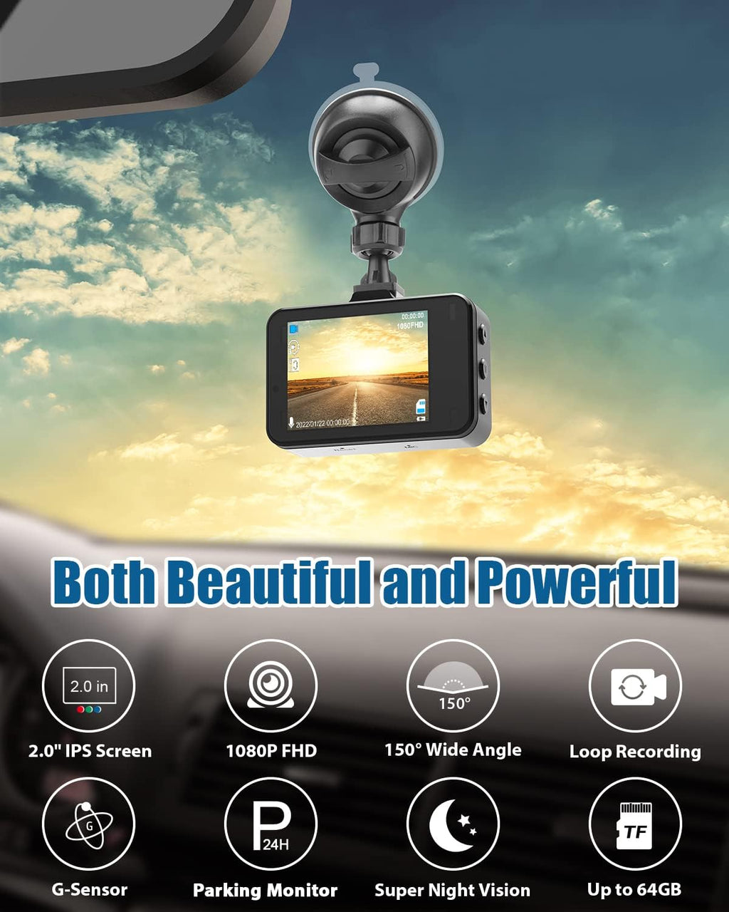 Dash Cam Front and Rear, 1080P Full HD, 2 Inch LCD Screen, 150° Wide Angle, Parking Monitor, Pack of 2 W573020
