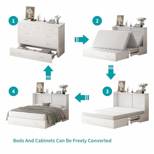 Queen Murphy Bed with Charging Station and Storage Drawers White R5270