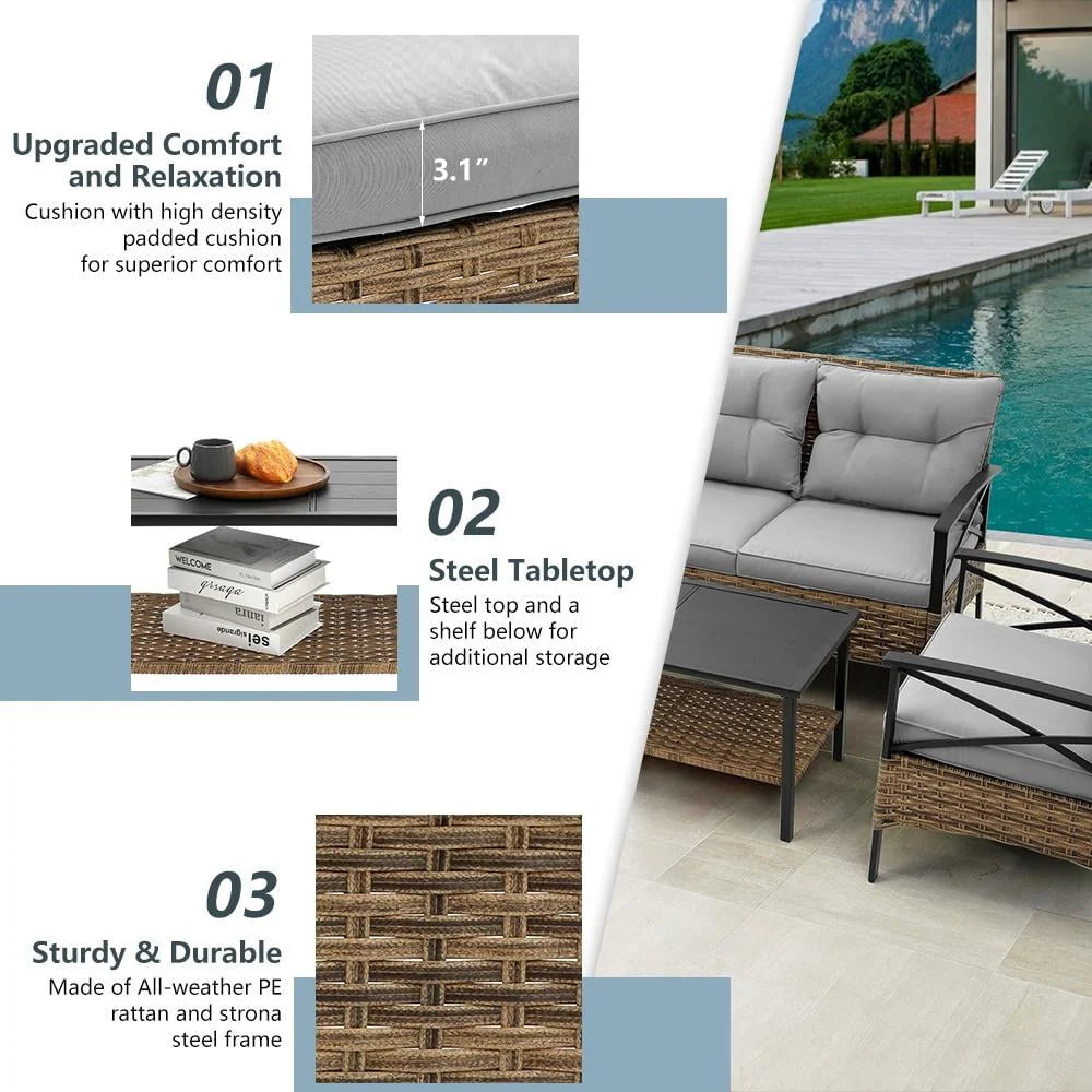 4 Pieces All-Weather PE Rattan Patio Sofa Set with Coffee Table Y217446