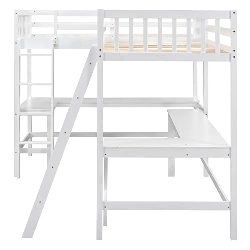 White L-Shaped Wood Twin Size Loft Bed with Desk and Ladder F1111