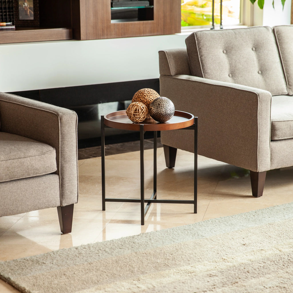 Mid-century Modern Round Side Table with Removable Wood Tray H1337