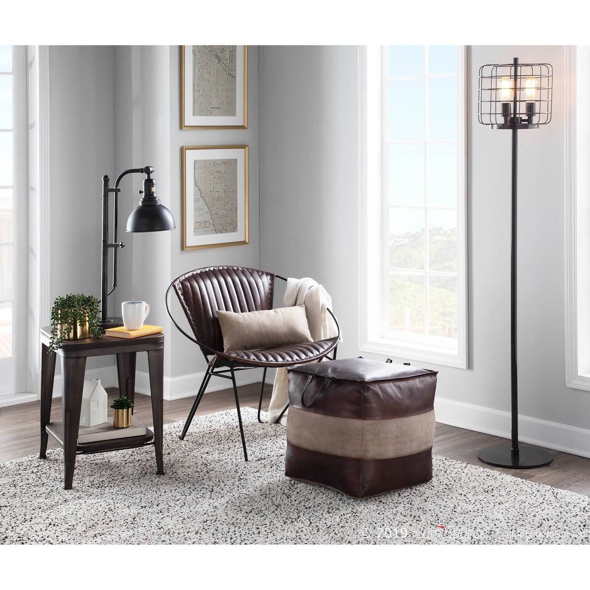 Espresso Leather Tan Canvas Pouf M8488