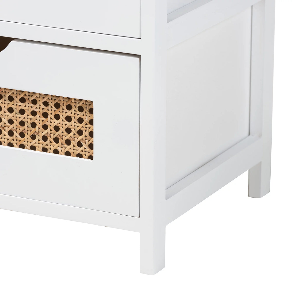 Light Beige Fabric White Wood 3-Drawer Storage Bench with Natural Rattan V6695