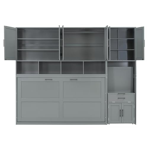 White Twin Size Wooden Murphy Bed with Closet Drawers Desk E28901