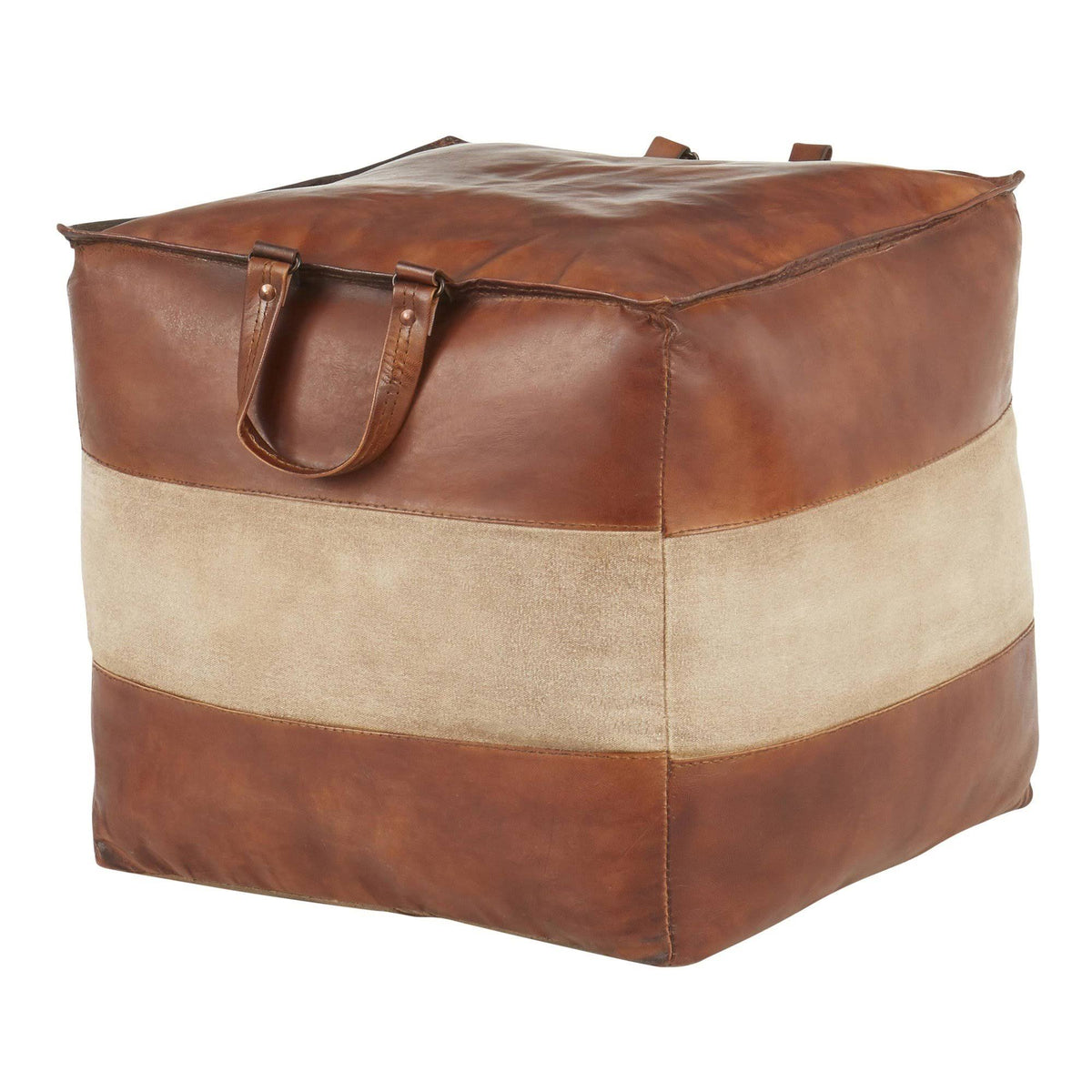 Espresso Leather Tan Canvas Pouf M8488