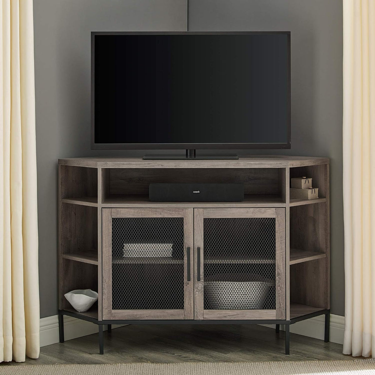 Rustic Oak 48 Inch Corner TV Stand with Cabinet Doors T3344