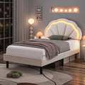Twin Size Off-White Velvet Upholstered Platform Bed with Adjustable Headboard E593