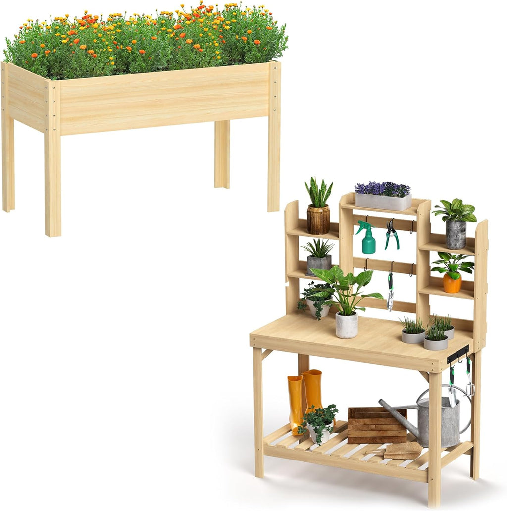 Wooden Potting Bench Table with Raised Garden Bed D1031