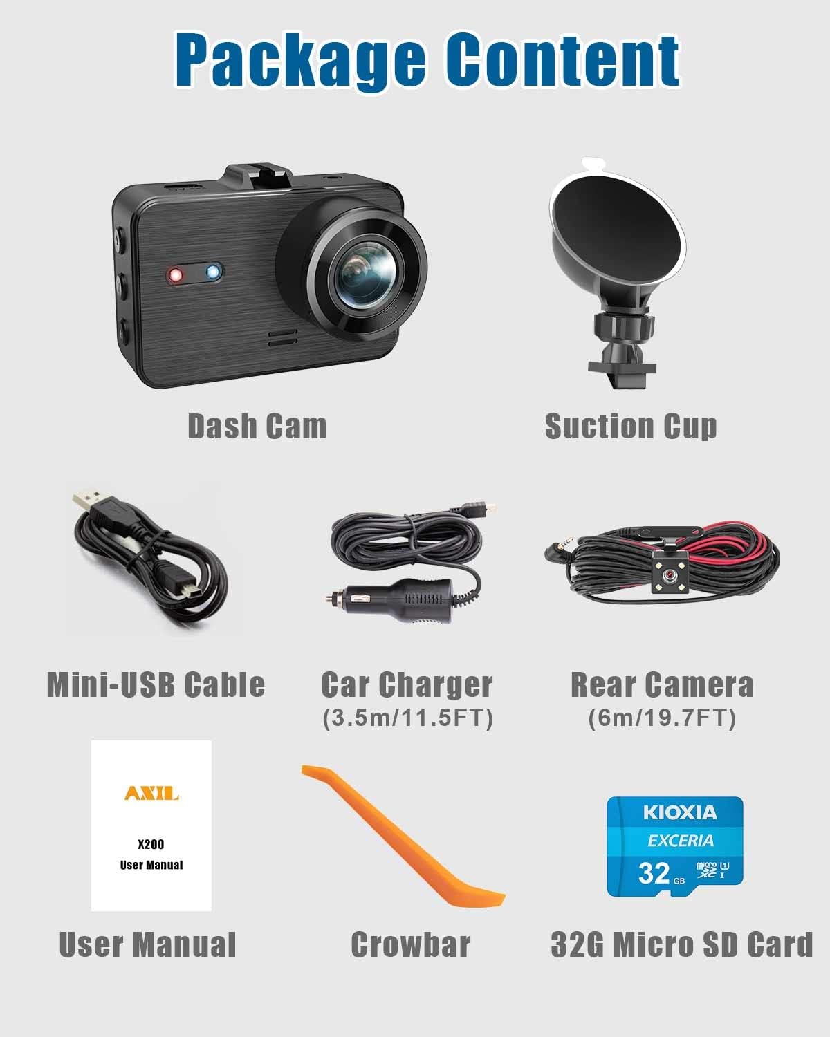 Dash Cam Front and Rear, 1080P Full HD, 2 Inch LCD Screen, 150° Wide Angle, Parking Monitor, Pack of 2 W573020