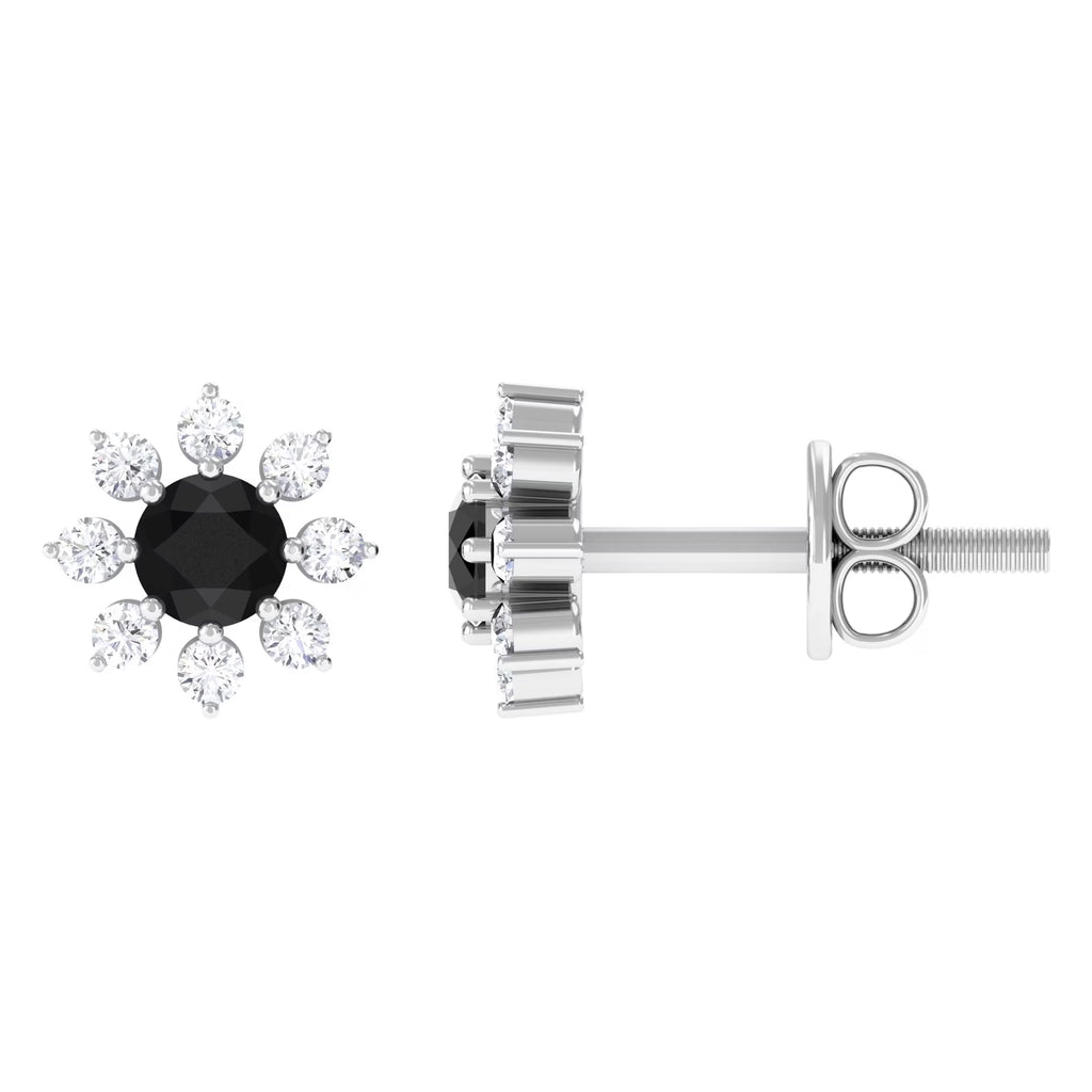 Black Diamond Floral Stud Earrings, 925 Sterling Silver O814