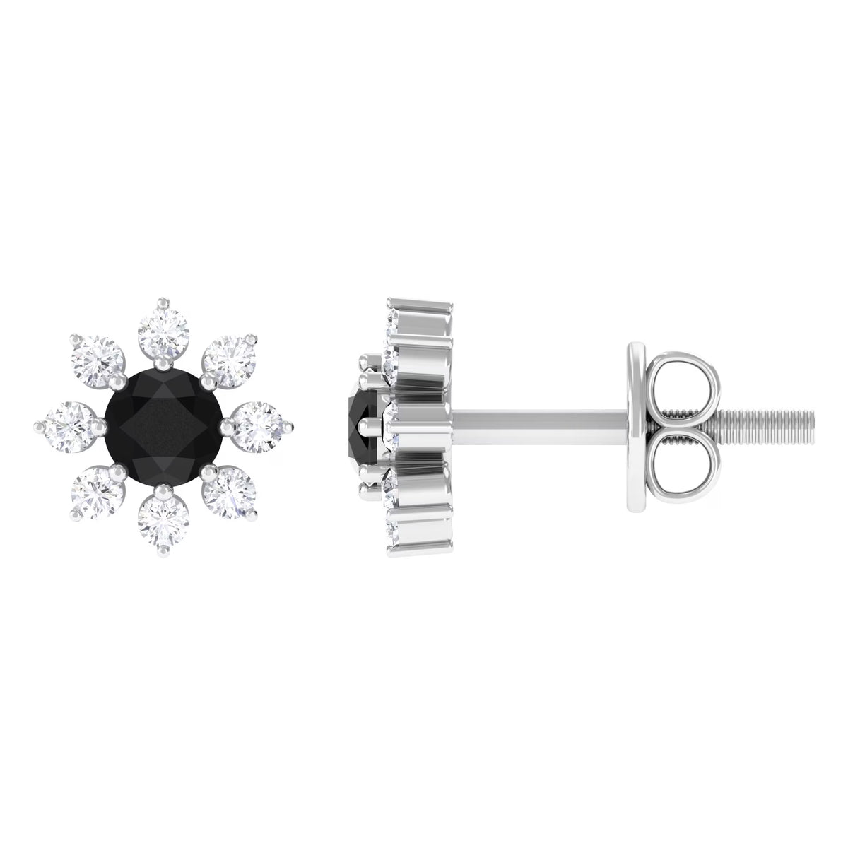 Black Diamond Floral Stud Earrings, 925 Sterling Silver O814