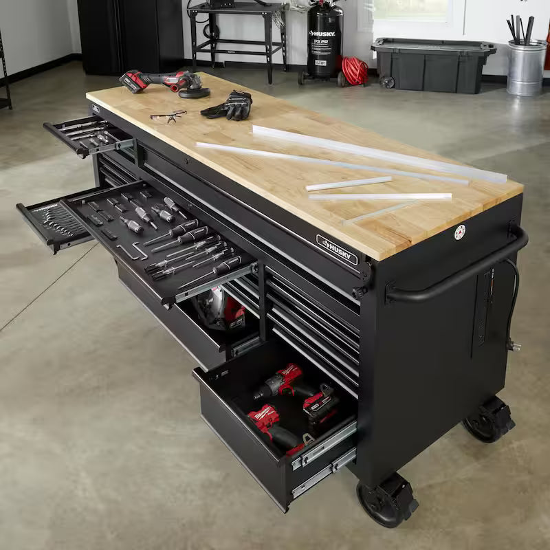 Heavy Duty 18-Drawer Mobile Workbench Cabinet with Hardwood Top in Matte Black D7448