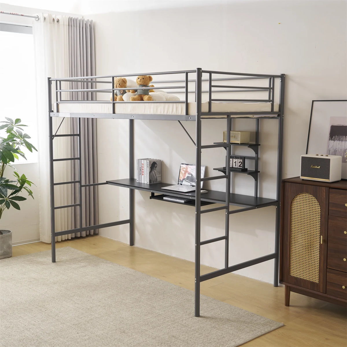 Twin Size Black Metal Loft Bed with Desk and Shelves F717