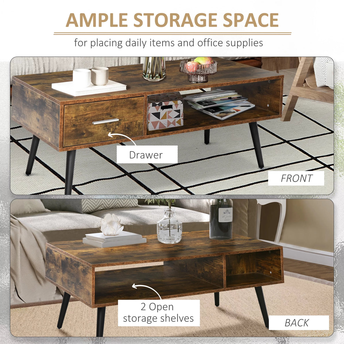 43" Mid-Century Modern Coffee Table with Drawer and Shelf U353200