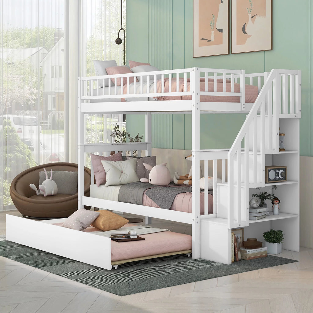White Wood Twin over Twin Bunk Bed with Trundle and Storage Stairs R747857