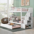 White Wood Twin over Twin Bunk Bed with Trundle and Storage Stairs R747857