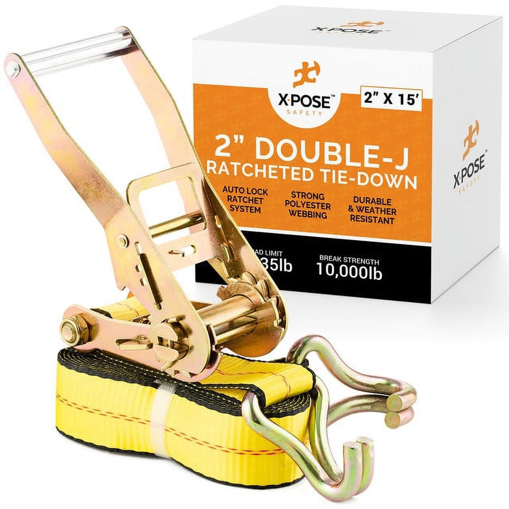 2 Inch x 15 Foot Ratchet Tie Down Straps with Double J Hooks M199