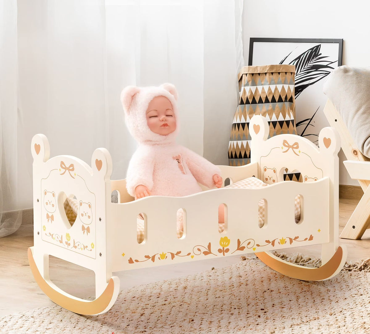 Wooden Doll Cradle with Bedding for 18 Inch Dolls I6412
