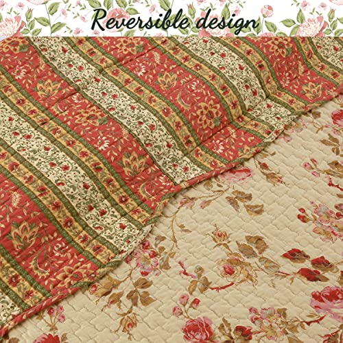 Vintage Floral Rose Chintz 3-Piece Khaki Pink Green Scalloped Cotton Reversable Queen Quilt Bedding Set D252