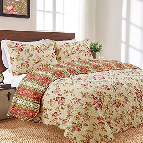 Vintage Floral Rose Chintz 3-Piece Khaki Pink Green Scalloped Cotton Reversable Queen Quilt Bedding Set D252
