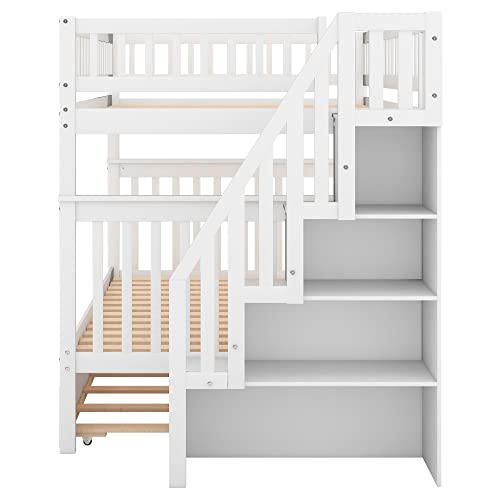 White Full Size Wooden Bunk Bed with Trundle and Storage Staircase C355226