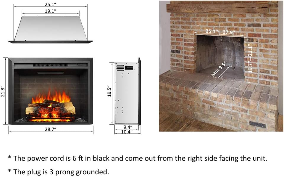 28 W Electric Fireplace Insert, 750/1500W Heater with Remote Control F526