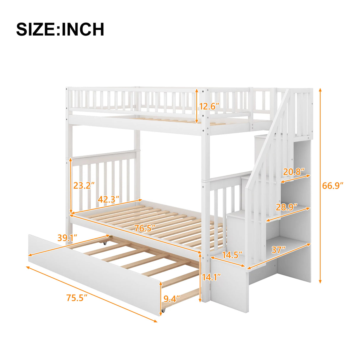 White Wood Twin over Twin Bunk Bed with Trundle and Storage Stairs R747857
