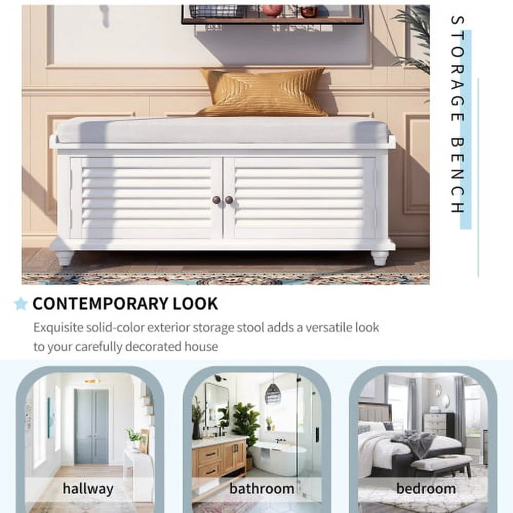White Wooden Storage Bench with Removable Cushion G4015
