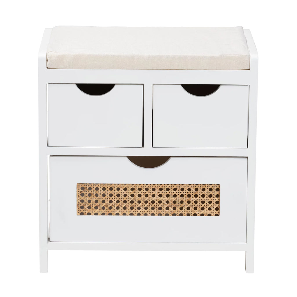 Light Beige Fabric White Wood 3-Drawer Storage Bench with Natural Rattan V6695