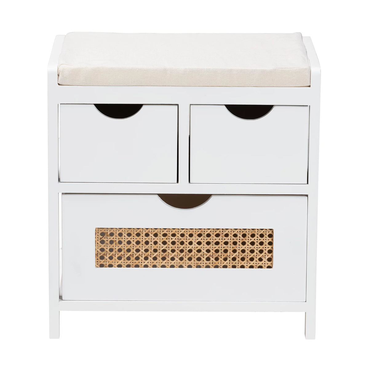 Light Beige Fabric White Wood 3-Drawer Storage Bench with Natural Rattan V6695