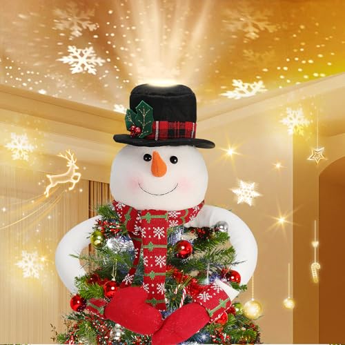 Lighted Snowman Hat Tree Topper with Rotating LED Snowflake Projection P3369