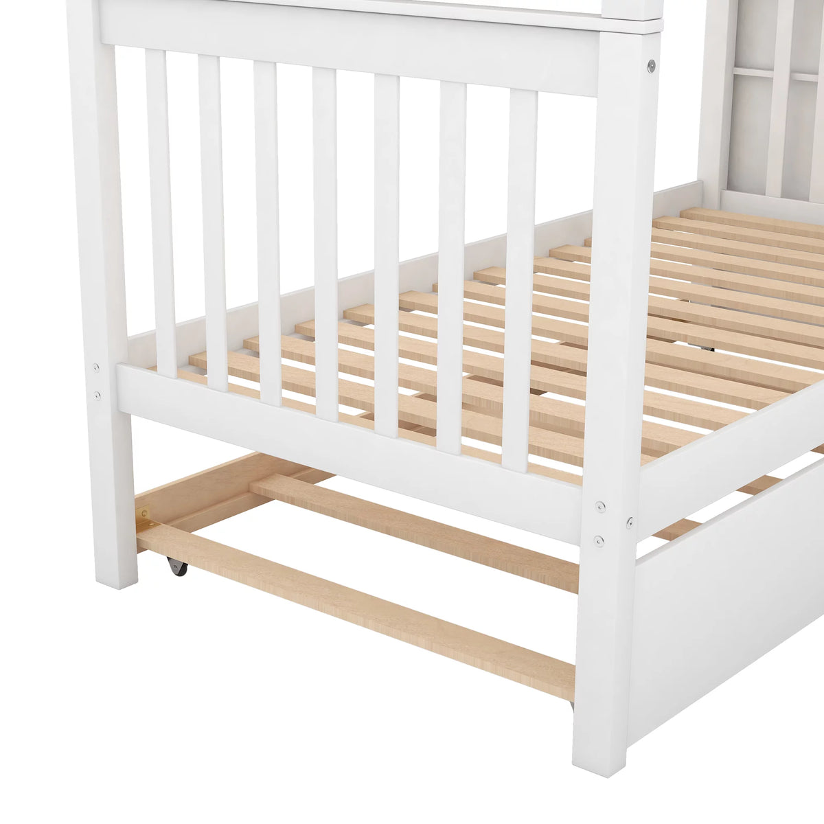 White Wood Twin over Twin Bunk Bed with Trundle and Storage Stairs R747857
