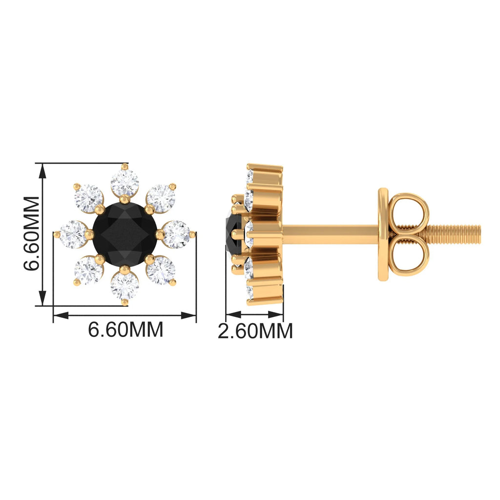 Black Diamond Floral Stud Earrings, 925 Sterling Silver O814