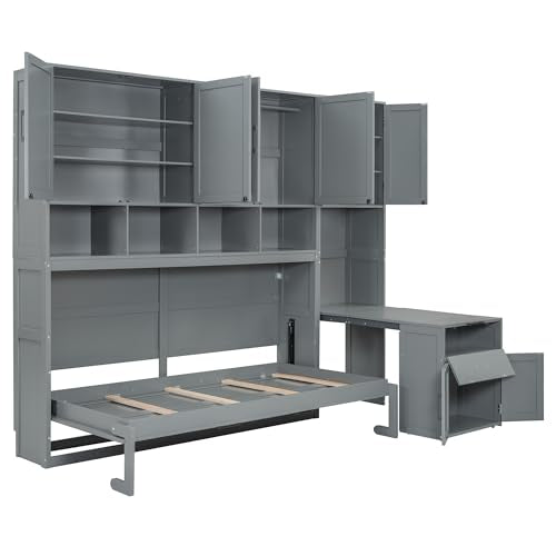 White Twin Size Wooden Murphy Bed with Closet Drawers Desk E28901