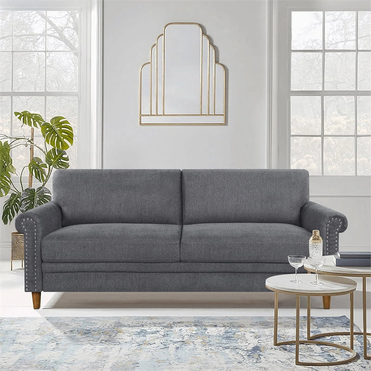 Dark Gray Fabric Upholstered Sofa with Roll Arms H5164
