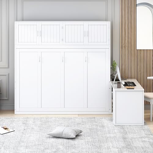 White Twin Size Wooden Murphy Bed with Closet Drawers Desk E28901