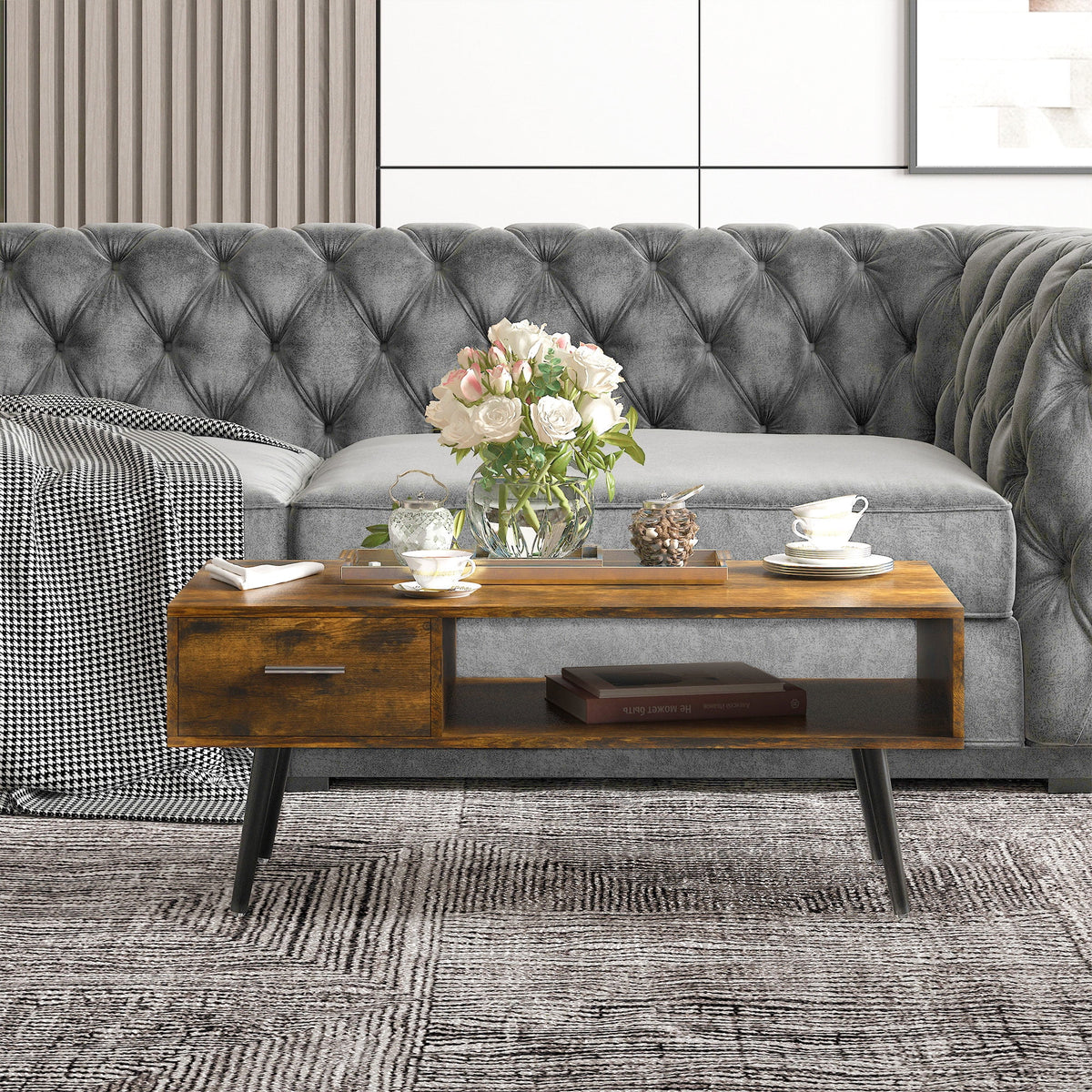 43" Mid-Century Modern Coffee Table with Drawer and Shelf U353200