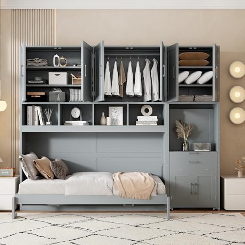 White Twin Size Wooden Murphy Bed with Closet Drawers Desk E28901