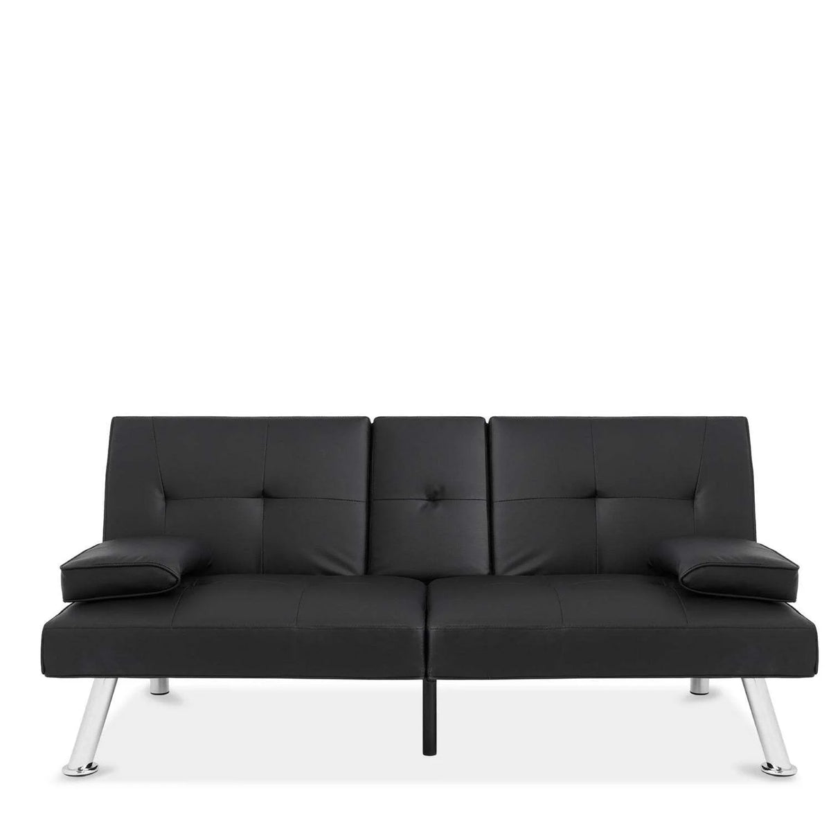 Black Faux Leather Convertible Sofa Futon with 2 Cup Holders L35696