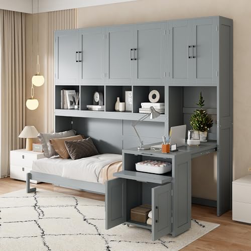 White Twin Size Wooden Murphy Bed with Closet Drawers Desk E28901