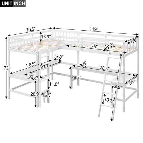 White L-Shaped Wood Twin Size Loft Bed with Desk and Ladder F1111