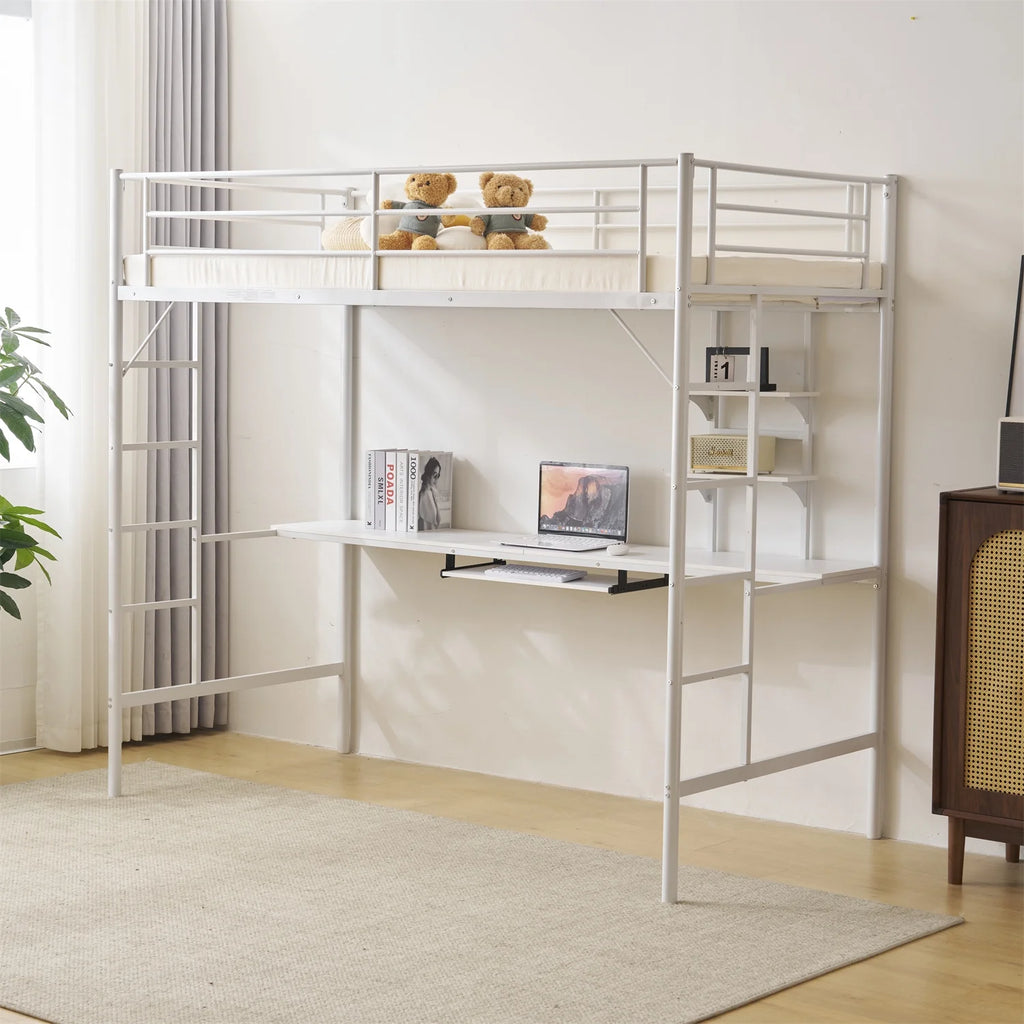 Twin Size Black Metal Loft Bed with Desk and Shelves F717