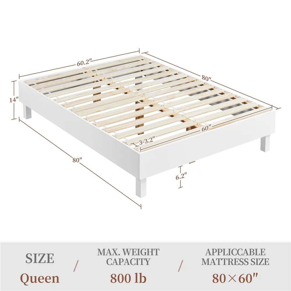 Queen White Platform Bed Frame with Wooden Slats V586159