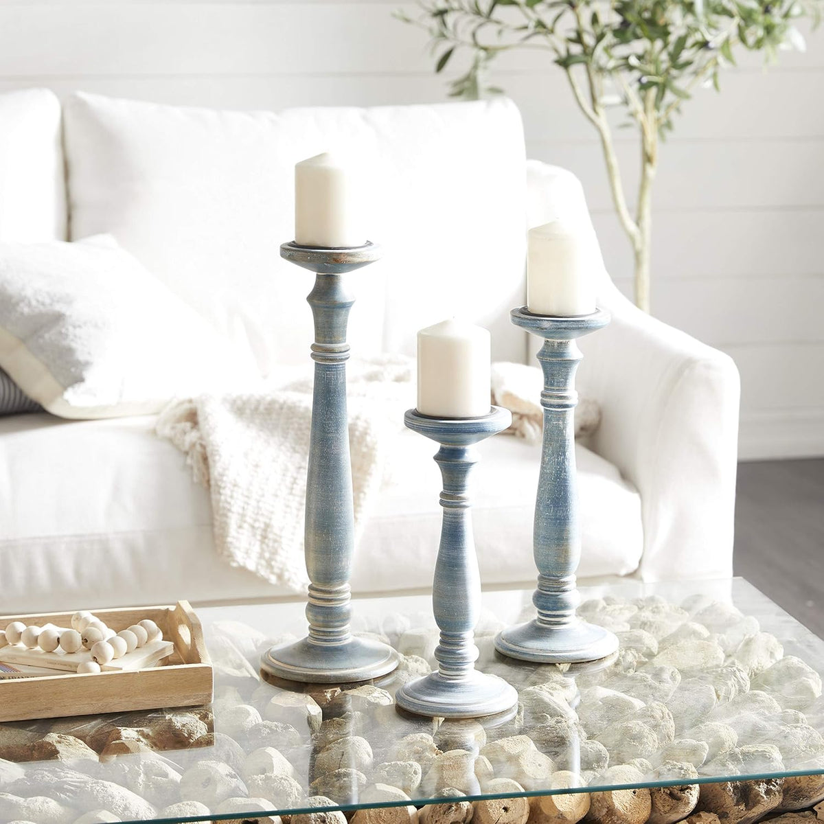 Set of 3 Blue-Washed Wood Candlestick B5482