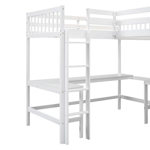 White L-Shaped Wood Twin Size Loft Bed with Desk and Ladder F1111