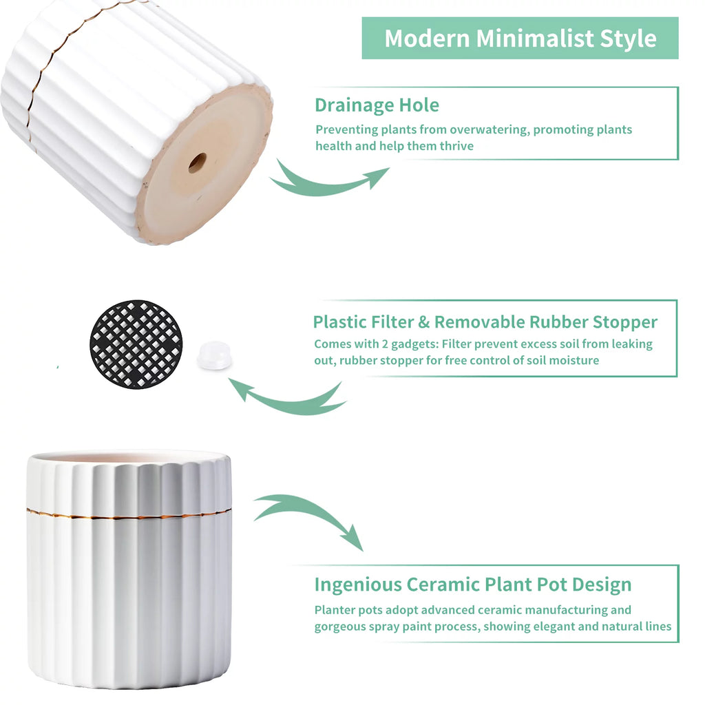 2 Pack White Ceramic Plant Pots with Drainage Hole T408