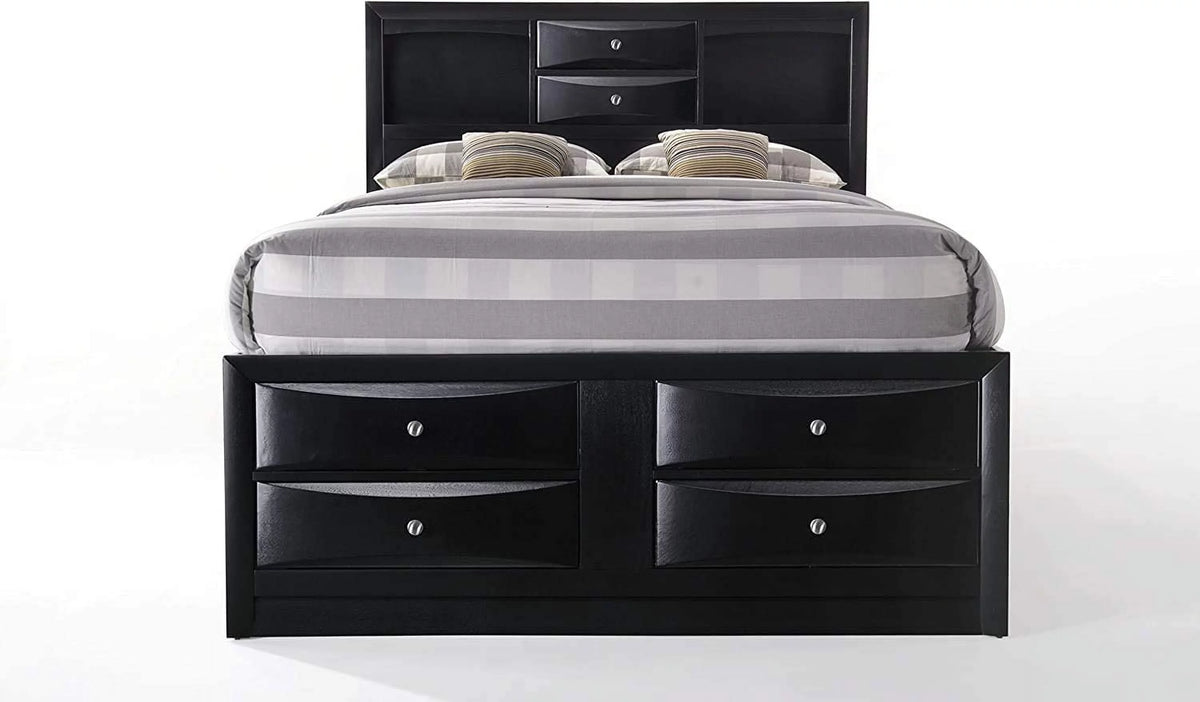 Queen Size Bed with Storage and Headboard Bookcase in Black L1654