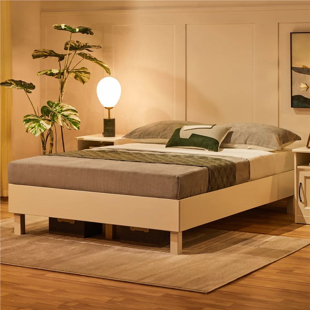 Queen White Platform Bed Frame with Wooden Slats V586159