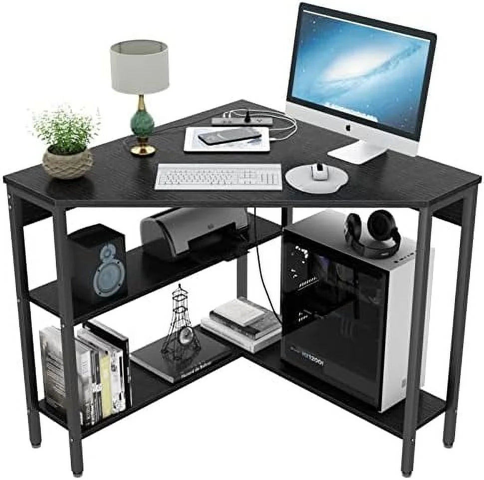 Corner Desk with Outlets USB Ports Shelves L3123